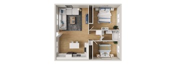 A dollhouse with a bedroom and living room.