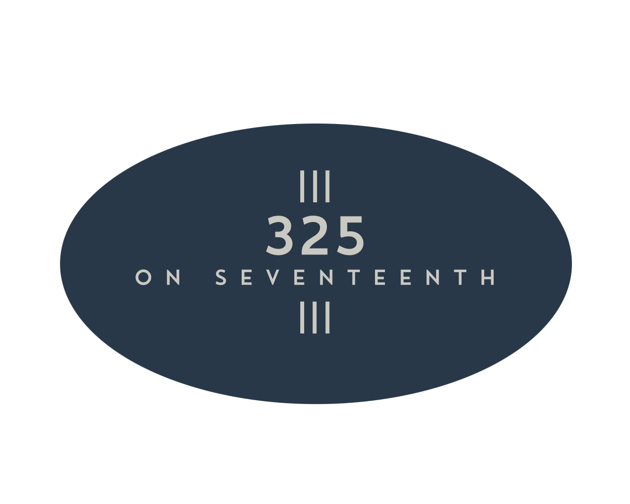 A dark blue oval with the number 325 and the words "on Seventeenth" written on it.