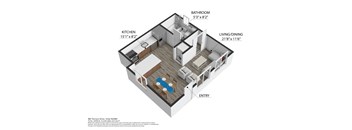 A 3D floor plan of a small apartment with a kitchen, living room, and bathroom.