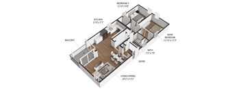 A 3D diagram of a house layout with labeled rooms.