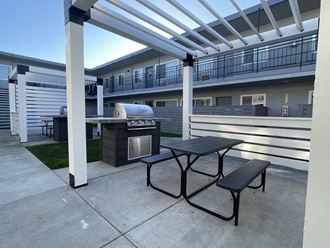 an outdoor patio with a grill and picnic table