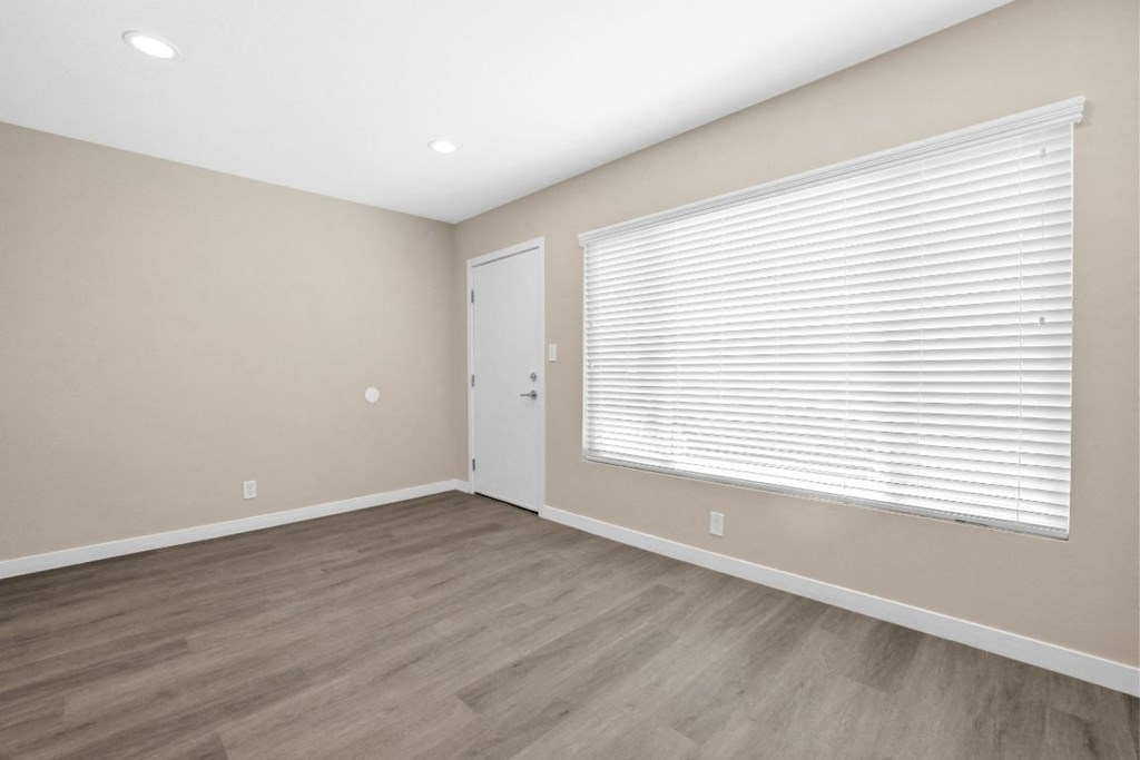 the spacious living room with a large window and wood flooring
