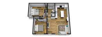 a floor plan of a two bedroom apartment with a living room and a bedroom with a bathroom