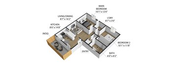 A 3D floor plan of a house showing the layout of the rooms.