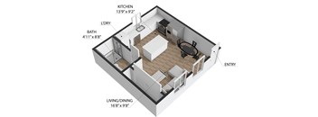 A 3D diagram of a small apartment layout with a kitchen, bathroom, and living/dining area.