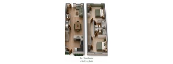 A floor plan of a two bedroom townhome with two bathrooms.