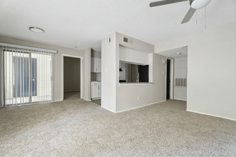 A spacious living room with a ceiling fan and carpeted floor.