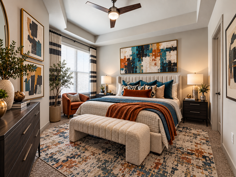 Spacious bedroom with abstract artwork and tray ceiling at Echelon at Monterrey Village Apartments, San Antonio, 78245