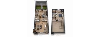 A diagram shows the layout of a two-story apartment with two bedrooms, a living room, a den, a kitchen, and a garage.