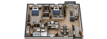 A top-down view of a house layout with two bedrooms, two bathrooms, a living room, a dining room, a kitchen, and a garage.
