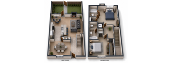 A diagram of a two-story house with labeled first and second floors.