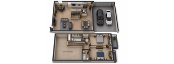 A floor plan of a two-story home with a garage.