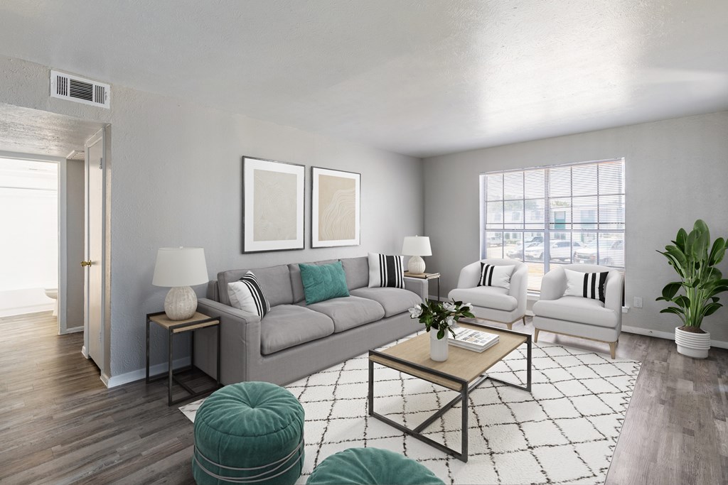 A living room with a grey couch, a coffee table, and a rug.