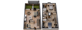 A floor plan of a two-story house with a fireplace, dining area, and bedrooms.