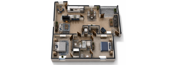 A top-down view of a house layout with a living room, kitchen, dining area, and multiple bedrooms.
