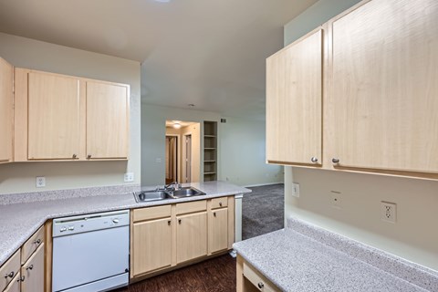 A kitchen with wooden cabinets and a white dishwasher.