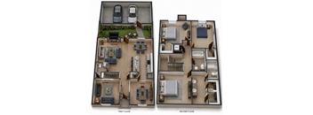 A floor plan of a two-story apartment with a garage on the first floor and a living area on the second floor.