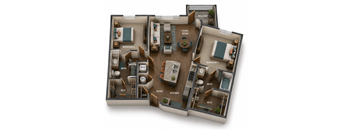 A 3D rendered image of a house layout with two bedrooms, a living room, a bathroom, a kitchen, and a balcony.