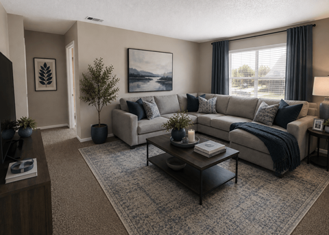A living room with a grey couch, a coffee table, and a painting on the wall.
