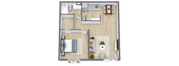 a stylized 1 bedroom floor plan with a living room and a dining room
