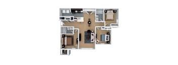 A floor plan of a house with a kitchen, living room, dining room, and two bedrooms.