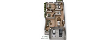 A floor plan of a B2 Duplex apartment with two bedrooms and two bathrooms.