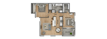 A floor plan of a house with a living room, dining room, kitchen, two bedrooms, a bathroom, a hallway, and a storage area.