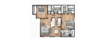 A floor plan of a house with a living room, dining room, kitchen, two bedrooms, a hall, a bathroom, a closet, and storage.