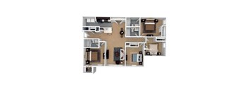 A top-down view of a small apartment layout with a kitchen, living room, and bedroom.