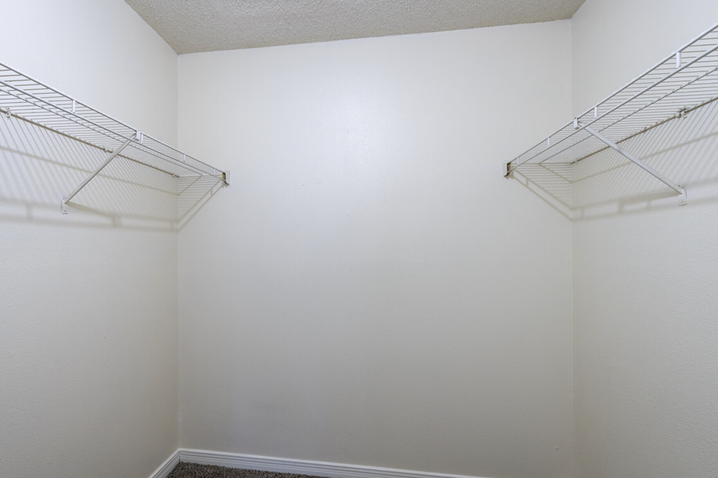 Empty white closet with shelves.