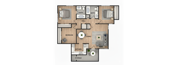 A floor plan of a house with a living room, two bedrooms, a kitchen, a storage area, and two bathrooms.