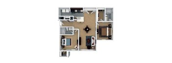A top-down view of a small apartment layout with a kitchen, living room, and bathroom.