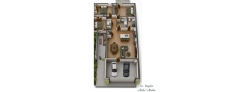 A floor plan of a Cri-Duplex with 3 beds and 2 baths.