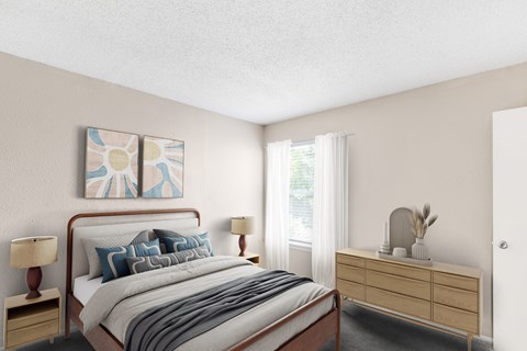 Bedroom with natural light and wood furnishings at Shadow Ridge Apartments, Arlington, TX 76013