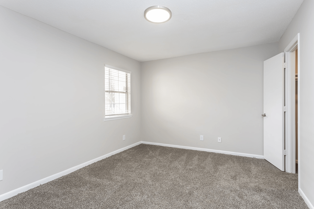 A room with a carpeted floor, a window, and a door.