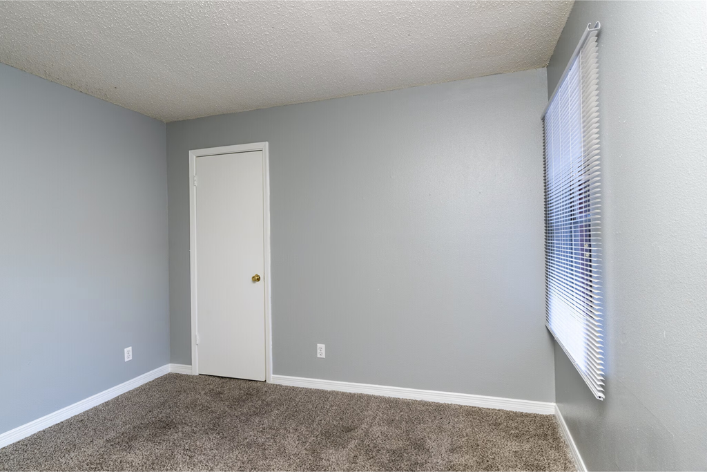 A room with a white door and carpeted floor.