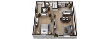 A top-down view of a living room, kitchen, and dining area in a house.