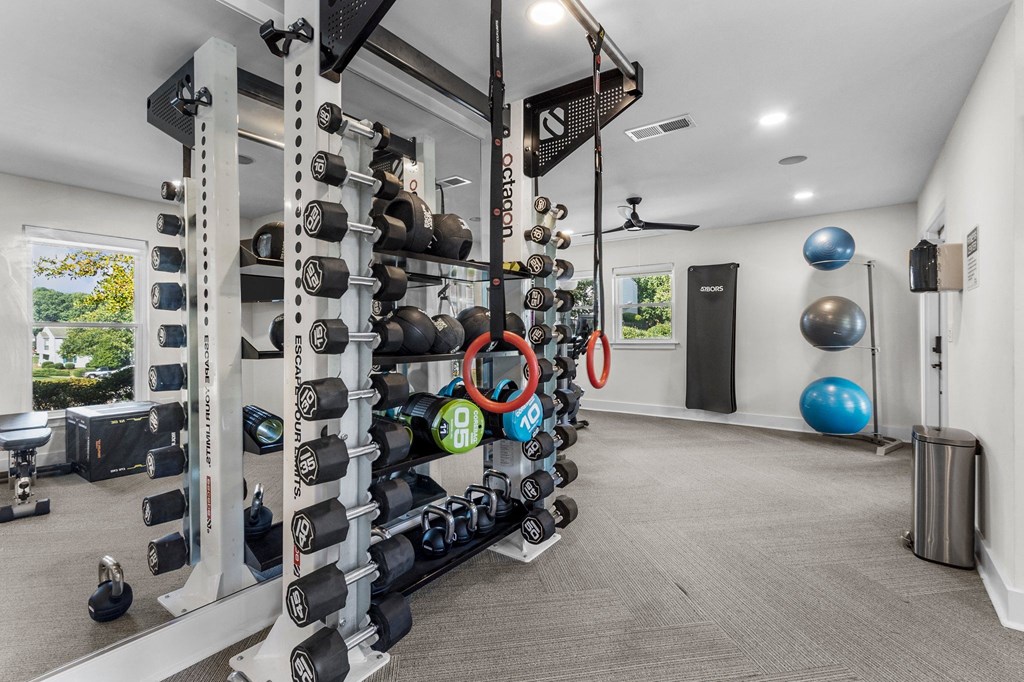 gym with weights at Rosen at North Hills, Raleigh, NC, 27609