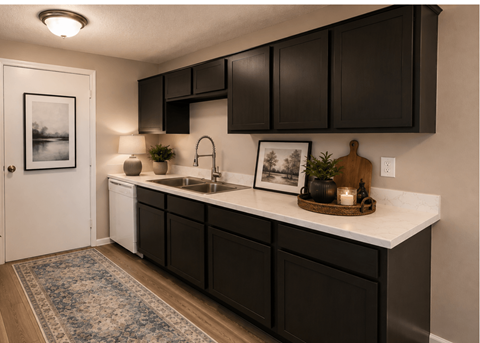 A kitchen with black cabinets and a white countertop.