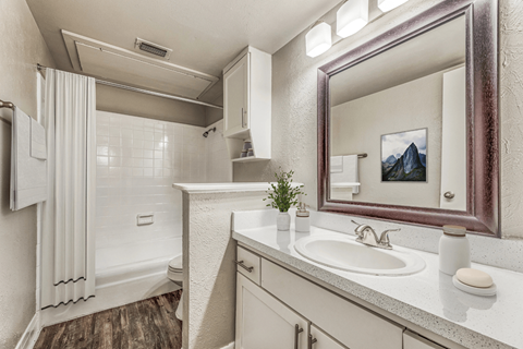 A bathroom with a white sink, mirror, and a shower with a white curtain.