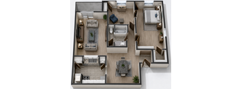 A top-down view of a modern apartment layout with a living room, kitchen, dining area, and bedrooms.