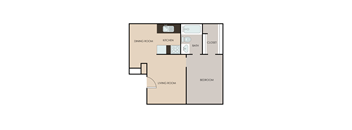 a floor plan of a studio apartment with a bedroom and a living room