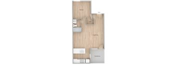 A floor plan of a room with a bedroom, closet, living/dining area, and a patio/balcony.