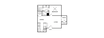A simple black and white floor plan of a house with a bedroom, a living room, a pantry, a dining area, and a storage area.
