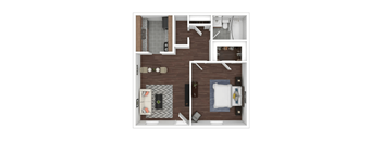 A top down view of a small apartment with a kitchen, living room, and bedroom.