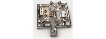 A 3D floor plan of a house with multiple rooms and furniture.