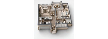 A 3D floor plan of a house with a living room, kitchen, dining room, and two bedrooms.