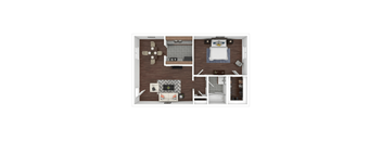 A top-down view of a small apartment with a bedroom, living room, and kitchen.