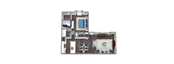 A top-down view of a house layout with a living room, dining area, kitchen, and bedrooms.