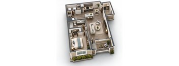 A 3D floor plan of a house with multiple rooms and furniture.